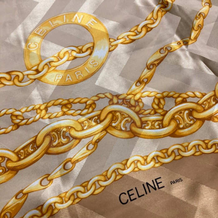 [italy]90s CELINE gold chain logo printed 100% silk scarf.