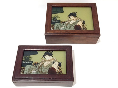 JAPAN vtg Katsushika Hokusai &quot;shunga(춘화)&quot; erotic wood box 2 set.
