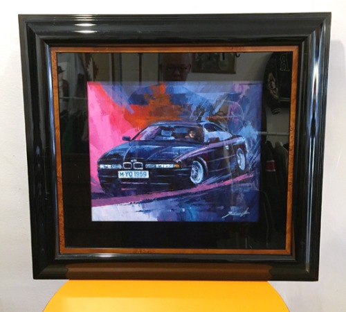 Vtg BMW old car “BMW 850ci” oil painting wood frame(유화액자).