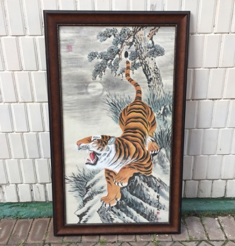 [JAPAN]Antique “TIGER” 호랑이 big size original painting frame.