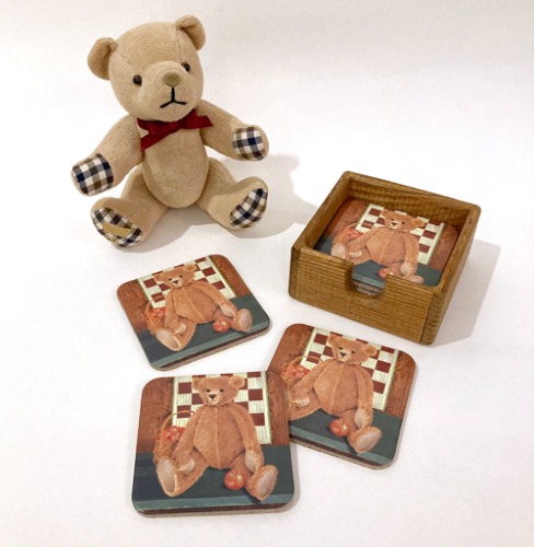 [U.S.A]80s Teddy bear wood coaster 6 set.
