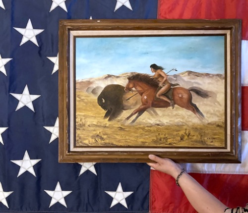 [U.S.A]80s &quot;Buffalo hunting indian(물소사냥하는 인디언)&quot; oil painting wood frame.